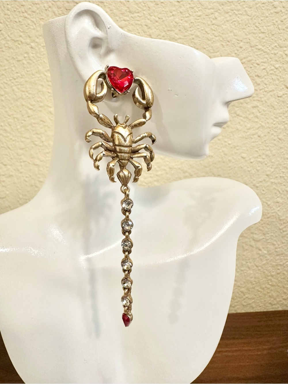 Gold Scorpion Drop Earring with Red Heart Crystal Stone - Women Jewelry